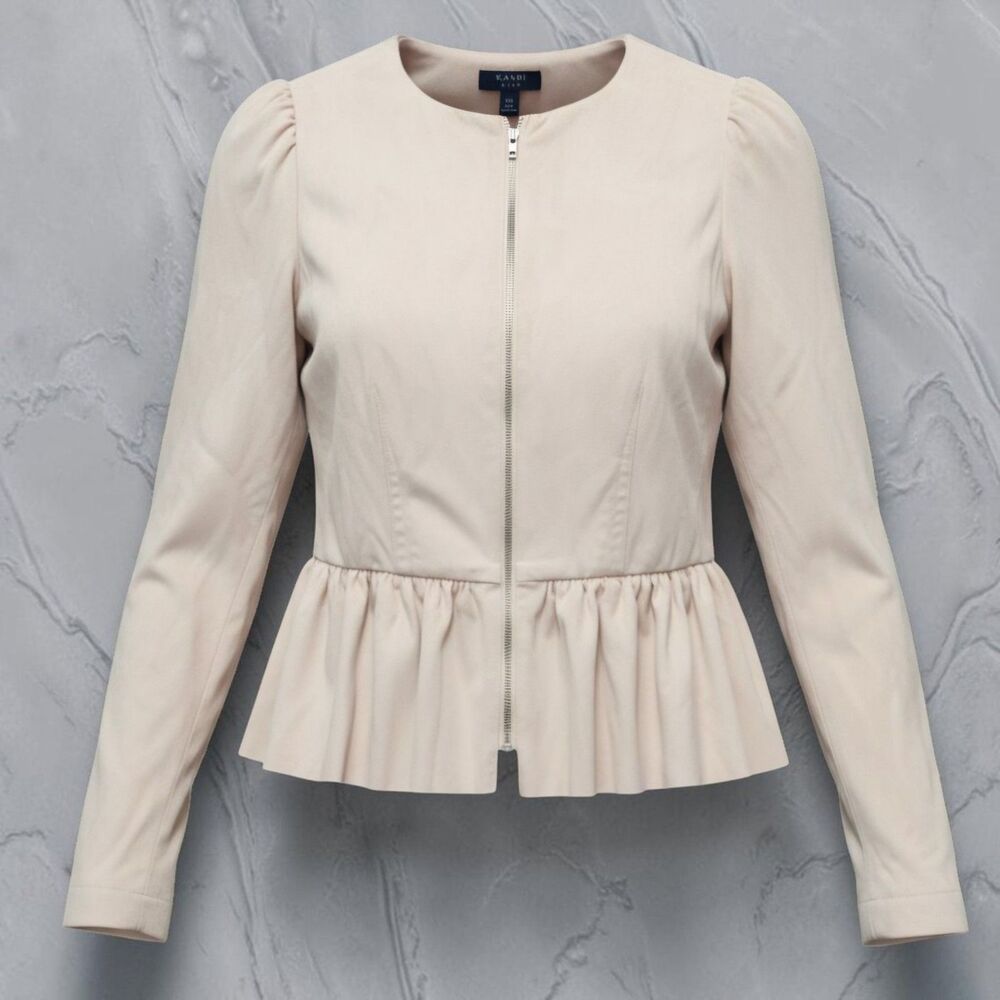 Kaari Blue Peplum Jacket Womens XS Pink Blush Faux Suede Zip Cuffs Full Zip